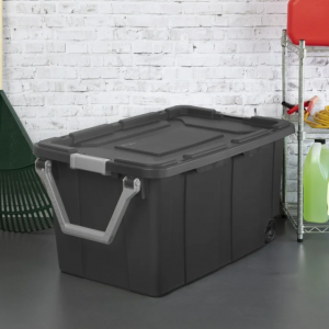Sterilite 40 Gallon Wheeled Industrial Tote, Rugged Plastic Storage Bin, Latch Lid, Dark Gray