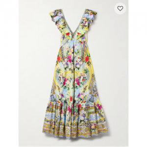 CAMILLA 缀饰腰带荷叶边印花有机棉府绸超长连衣裙