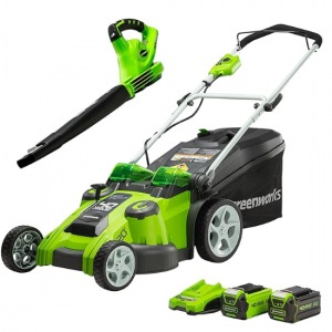 Greenworks 40V 20 英寸无绳电动割草机 + 40V吹叶机（150 英里/小时），含 4.0Ah + 2.0Ah 电池和充电器 