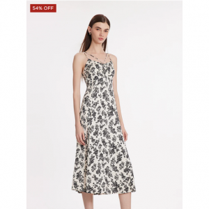 山茶花印花细肩带女式中长连衣裙