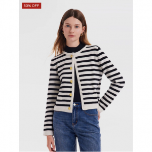 纽扣羊毛条纹女士开衫