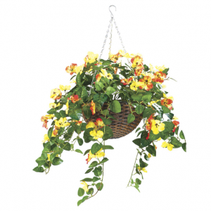 用仿柳条花盆悬挂橙色和黄色三色堇，仿花