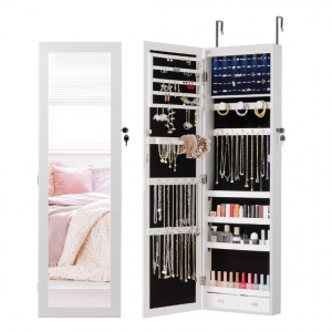 DUMOS 6 LEDs Mirror Jewelry Cabinet, Wall or Door Mounted Jewelry Organizer, 47.2-Inch Tall