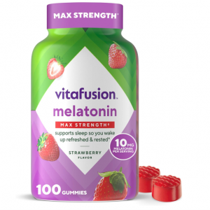 vitafusion Max Strength 10 mg Melatonin Gummies, Strawberry Flavored, 100 Count @ Amazon