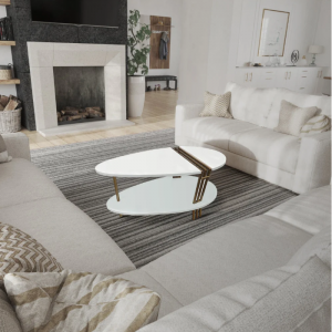 36英寸现代咖啡桌,椭圆形,白色芒果木,仿古黄铜