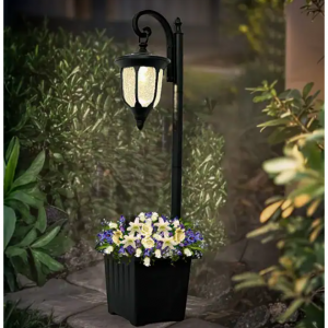 C Cattleya Integrated LED Solar Outdoor Post Light with Planter - Crackle-Glass