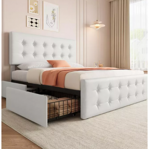 Queen Size Bed Frame with 4 Storage Drawers and Headboard, PU Upholstered Platform Bed Frame with