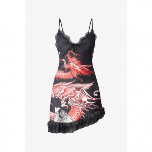 Silk Mini Dress With Dragon And Ruches