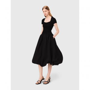 Long ribbed knit and taffeta dress