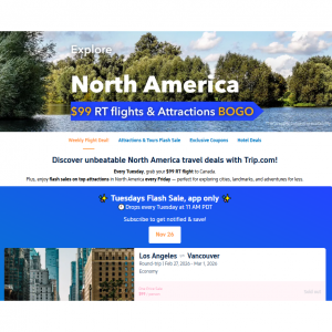 Trip.com 每周旅行大促销：99 美元往返机票 + 景点门票买一送一！