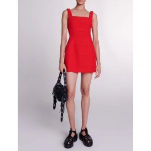 红色短款粗花呢连衣裙