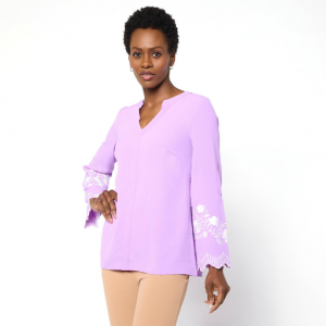 3/5 Nina Leonard 纹理波浪针织刺绣喇叭袖上衣