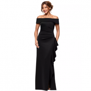 女士露肩荷叶边侧开叉礼服