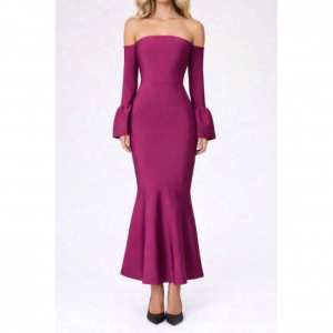ella off-shoulder bell sleeve gown in wine