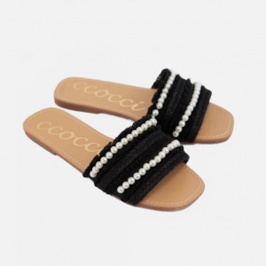 women's pearl embellished tweed sandals in black