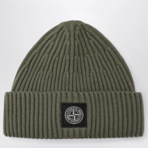 Stone Island Green Ribbed Wool Beanie with Compass Patch