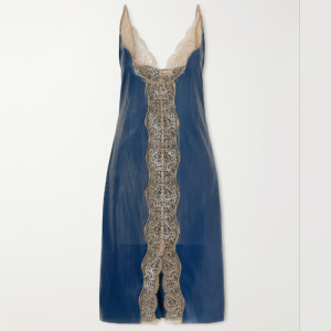 SAINT LAURENT Silicone-coated lace-trimmed ribbed silk midi dress