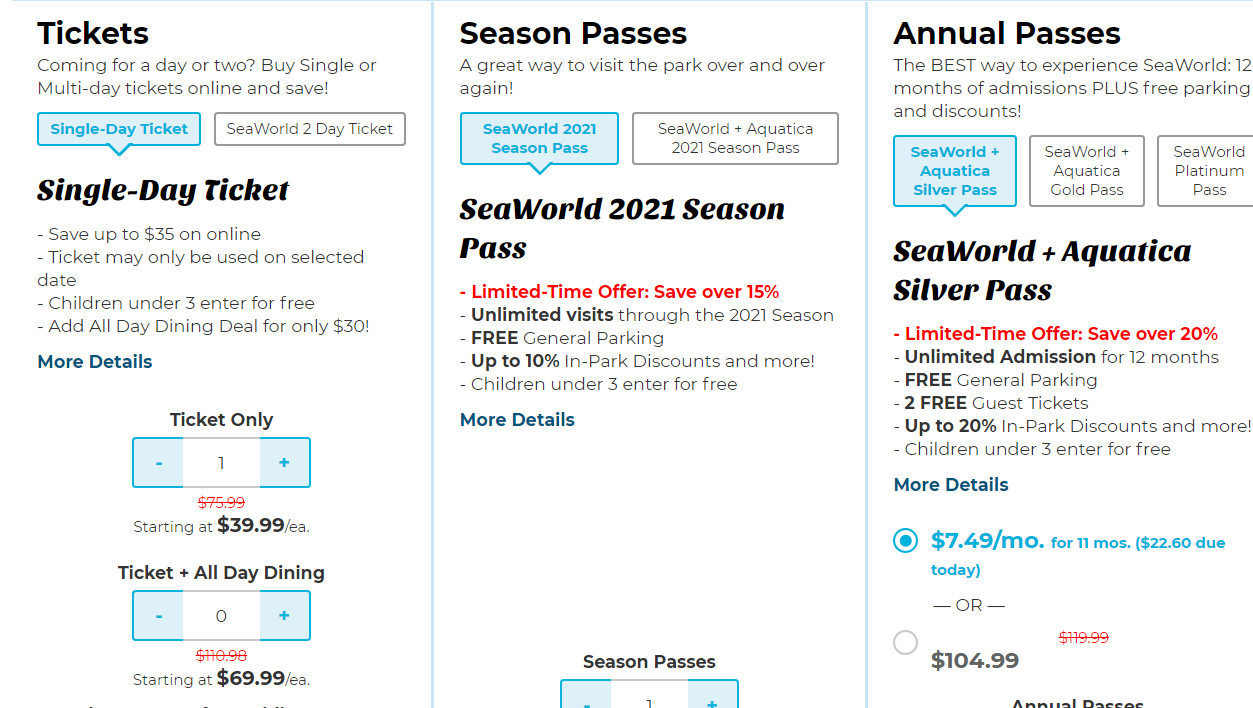 白金年票仅$104.99，可无限制进入海洋世界公园全美11个地点SeaWorld - 圣安东尼奥海洋世界，季票8.5折，白金年票8折