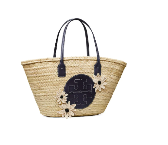 这款Tory Burch Ella Floral-Appliqué草编菜篮子托特包采用草编拼接皮质的设计