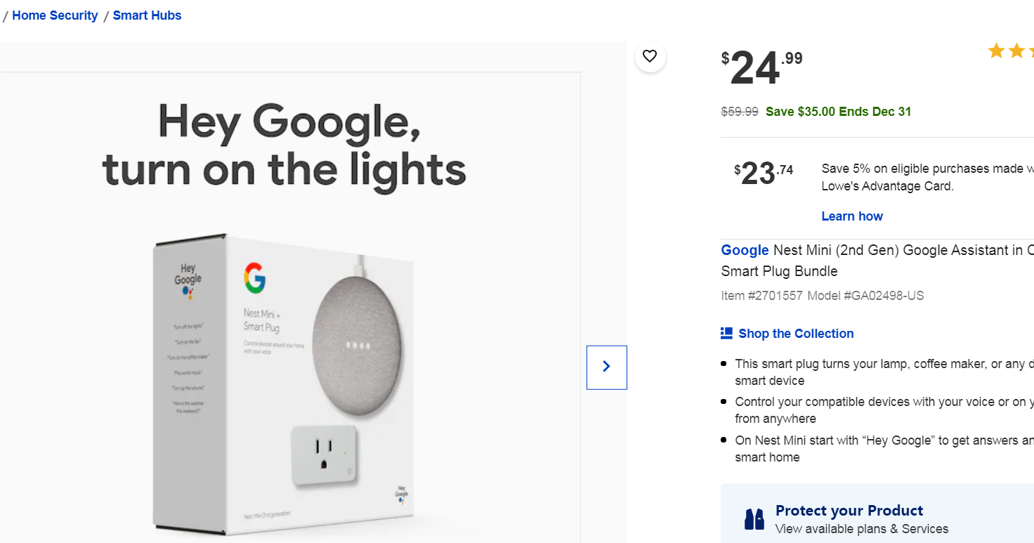 现价$24.99Lowes - Google Nest Mini 2代 + GE 智能插座套装 ，直降$35 