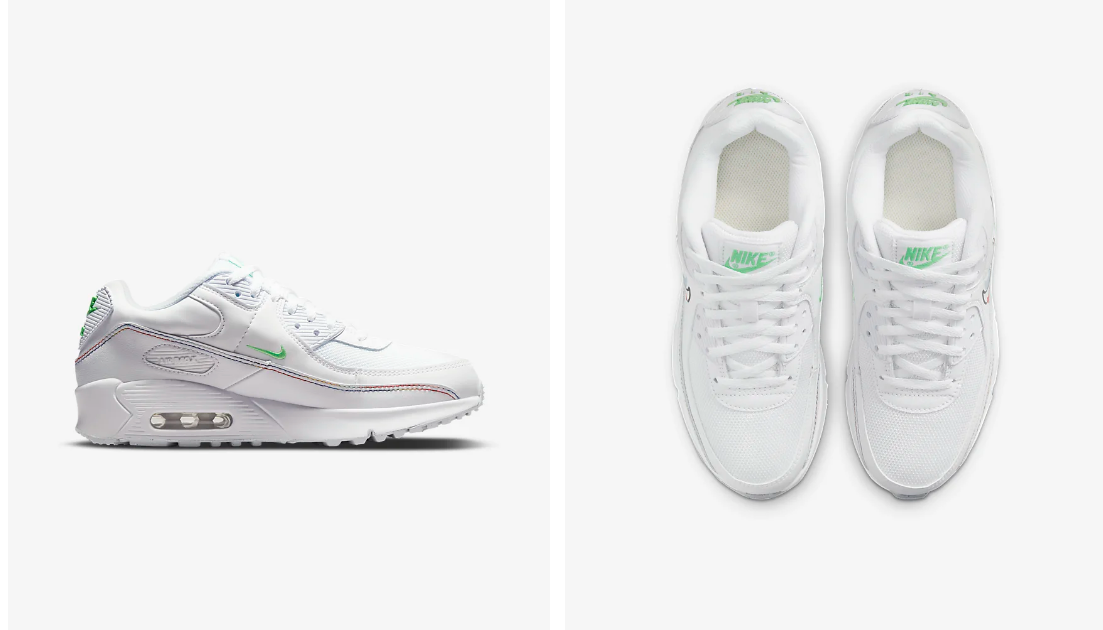 这款Nike Air Max 90大童款气垫鞋采用了标志性的挡泥板和后跟的胶片设计