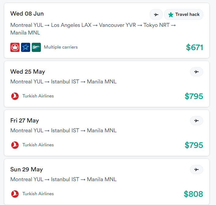 Cheap flights from Montreal to Manila starting at CAD671 CA
