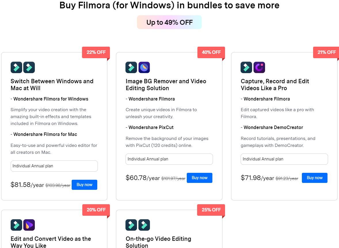 现在同时购买Filmora和Wondershare旗下的其他应用 现在同时购买Filmora和Wondershare旗下的其他应用