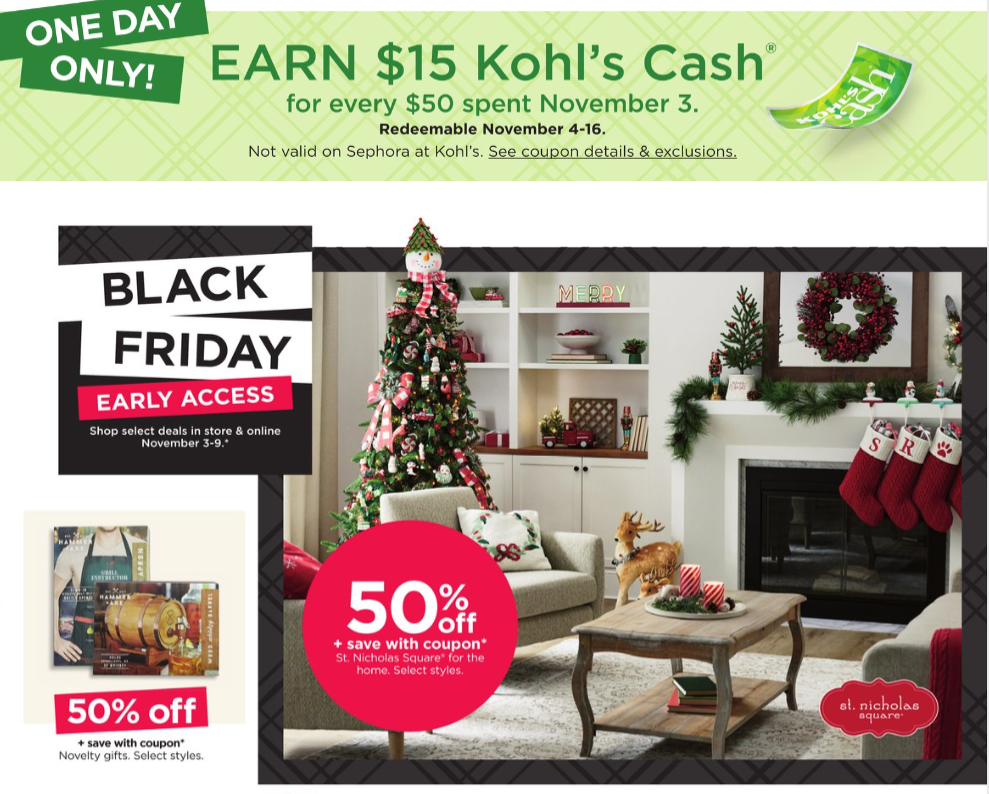 Kohl s 2023 第一波黑五海报出炉 11/3开抢 不粘锅20件套$67 4折起+每$50送$15 kohl s cashKohl s 2023 第一波黑五海报出炉 11/3开抢 不粘锅20件套$67