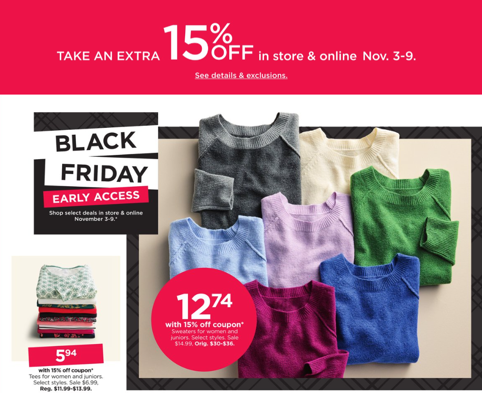 Kohl s 2023 第一波黑五海报出炉 11/3开抢 不粘锅20件套$67 4折起+每$50送$15 kohl s cashKohl s 2023 第一波黑五海报出炉 11/3开抢 不粘锅20件套$67