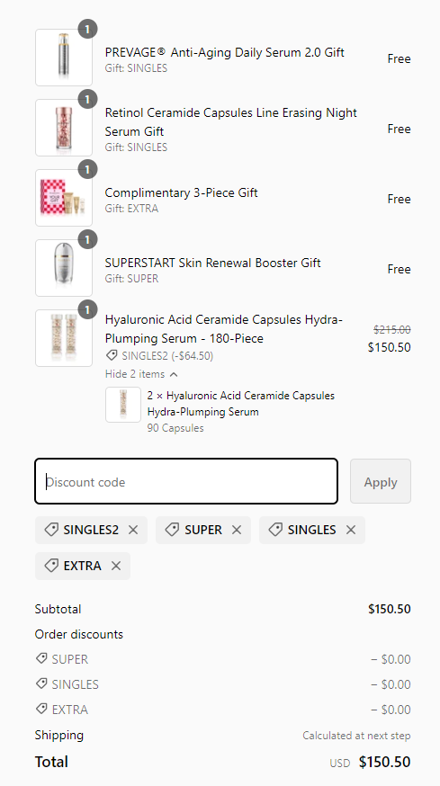 $150.50（原价$215）+赠3件正装精华（含橘灿小银蛋粉胶价值$338）+3件小样BUG活动速抢！Elizabeth Arden雅顿官网保湿玻玻胶180粒折扣豪华满赠同享