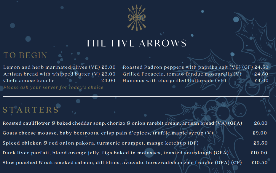 Five Arrows Hotel - 2023 年节日在线点菜 4英镑起