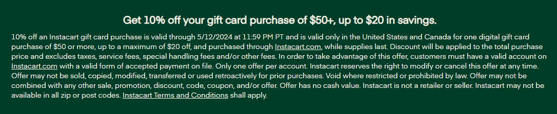 $45 (原价 $50)Instacart 母亲节电子礼卡一律9折