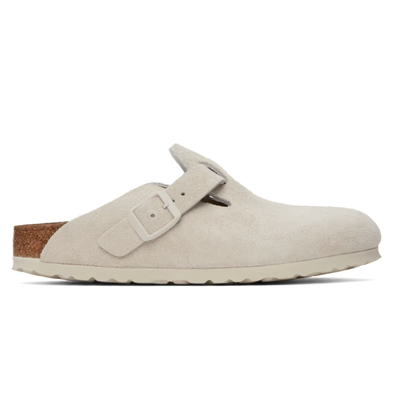 售价$130SSENSE官网 Birkenstock Off-White Narrow Boston 女款白色麂皮拖鞋热卖 