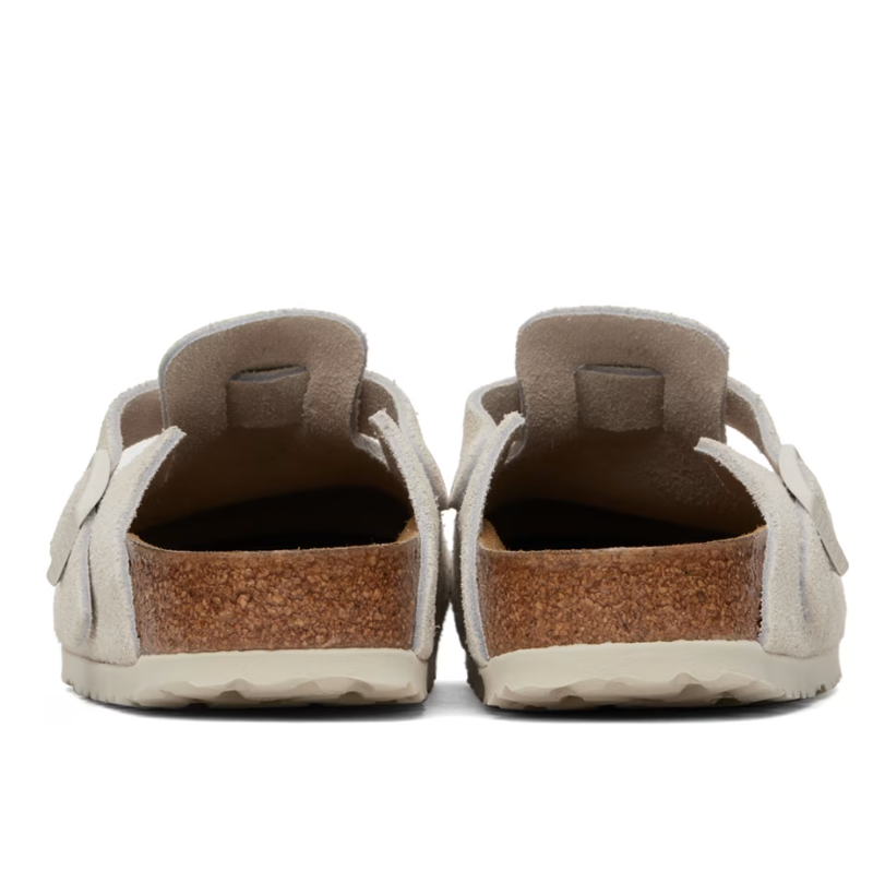 售价$130SSENSE官网 Birkenstock Off-White Narrow Boston 女款白色麂皮拖鞋热卖 