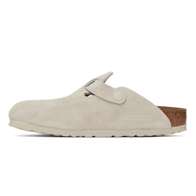 售价$130SSENSE官网 Birkenstock Off-White Narrow Boston 女款白色麂皮拖鞋热卖 