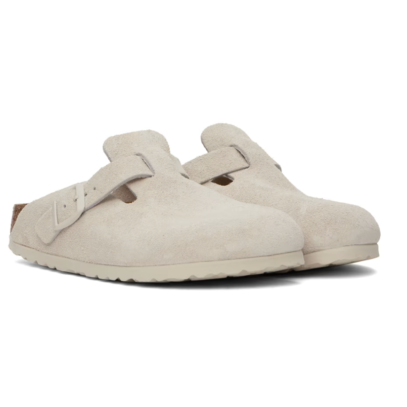 售价$130SSENSE官网 Birkenstock Off-White Narrow Boston 女款白色麂皮拖鞋热卖 