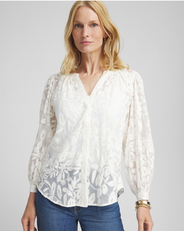 The Chiffon Embroidered Shirt attracts compliments. This sheer embroidered design is made with crinkle chiffon fabric