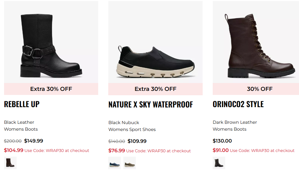 Clarks 30% OFF Select Styles including Clearance, Neva Buckle Boots $76.99 & More