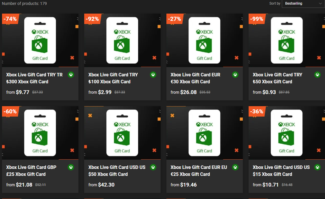 GAMIVO的Xbox礼卡特卖区低至1折，不同地区不同折扣