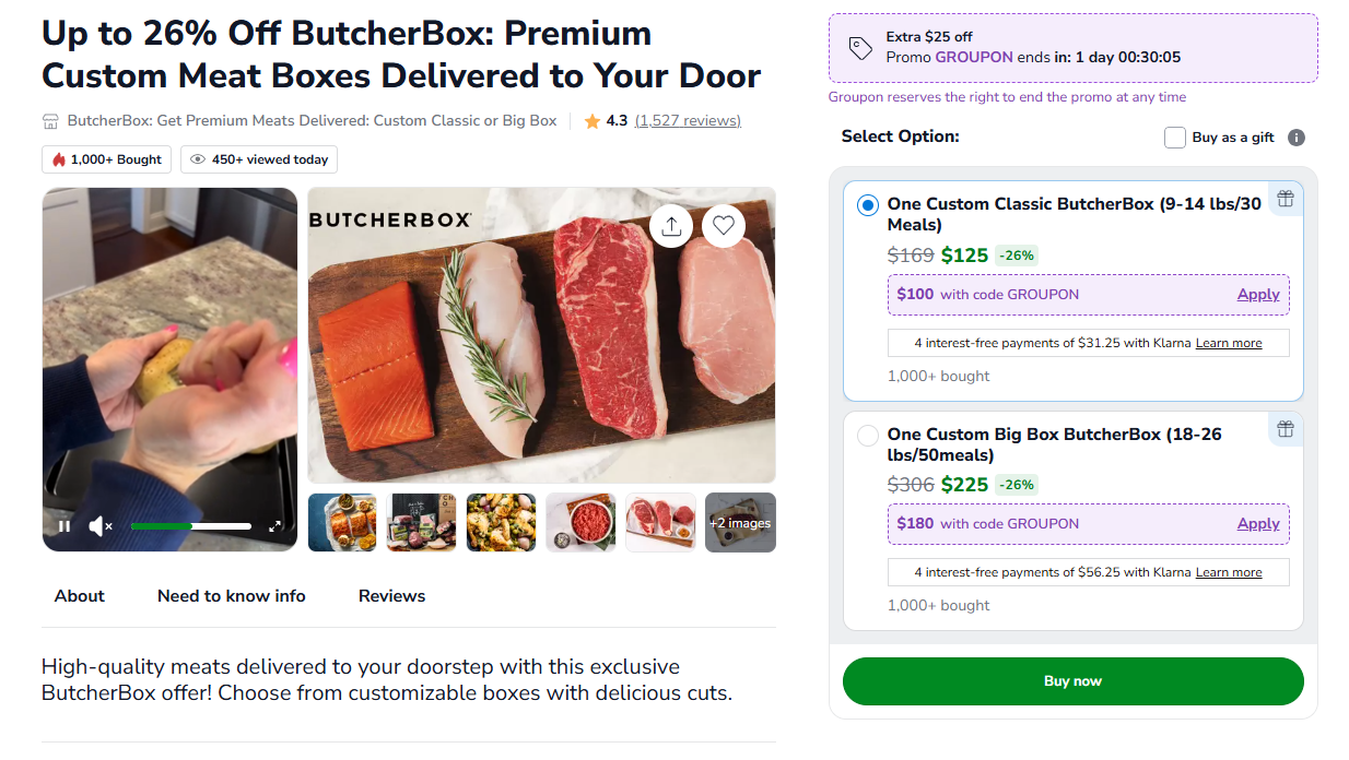 Up to 26% Off ButcherBox: Premium Custom Meat Boxes Delivered to Your Door @ Groupon Up to 26% Off ButcherBox: Premium Custom Meat Boxes Delivered to Your Door @ Groupon