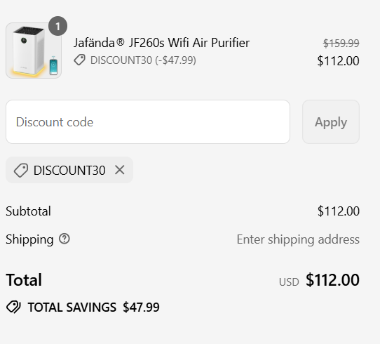 for $112 + free shipping30% off Jafända® JF260s Wifi Air Purifier @Jafanda 